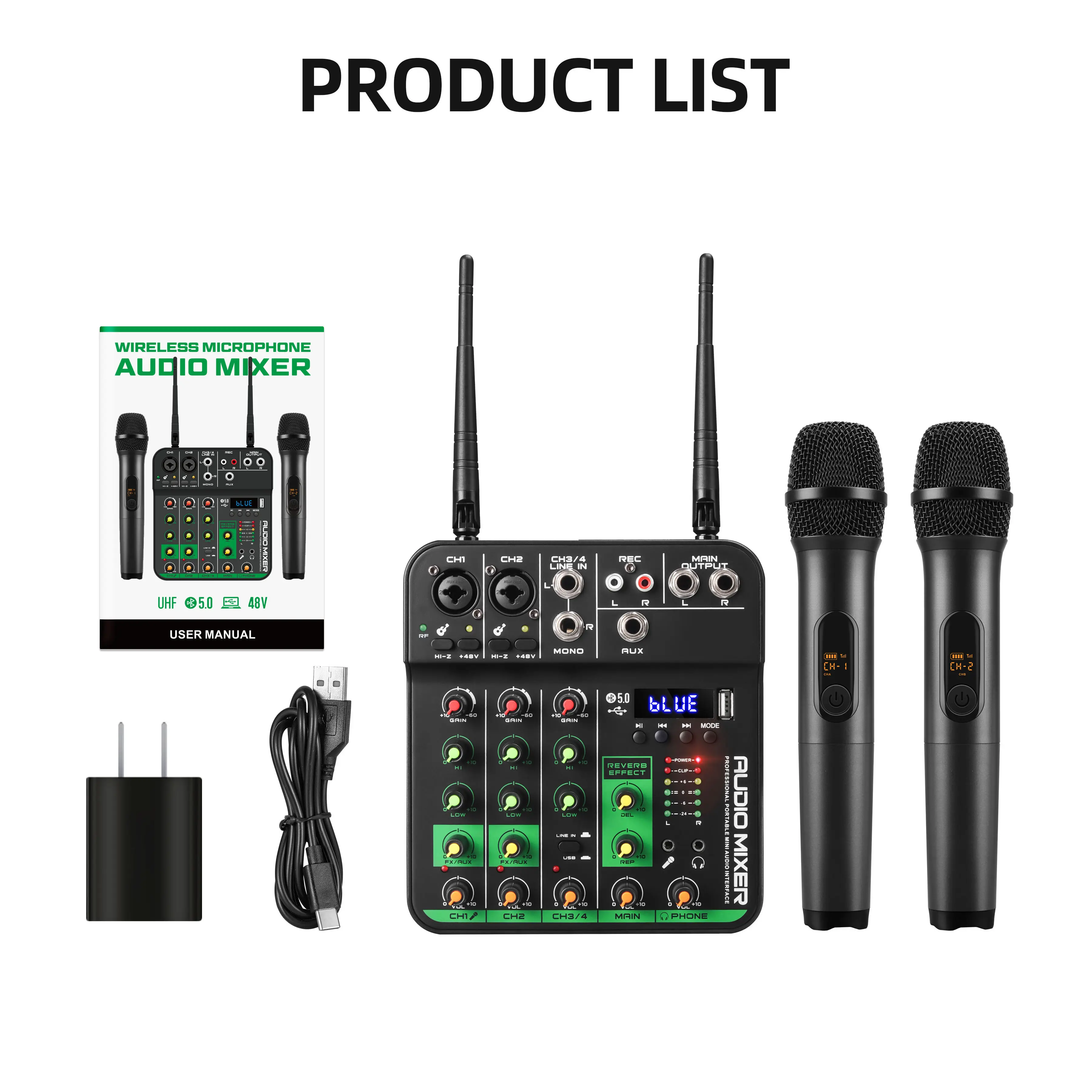 4 Channel UHF DJ Console Mixer Soundcard Audio Amplifier Karaoke Wireless Microphone Studio Mini USB Sound Mixing Console MC-20H