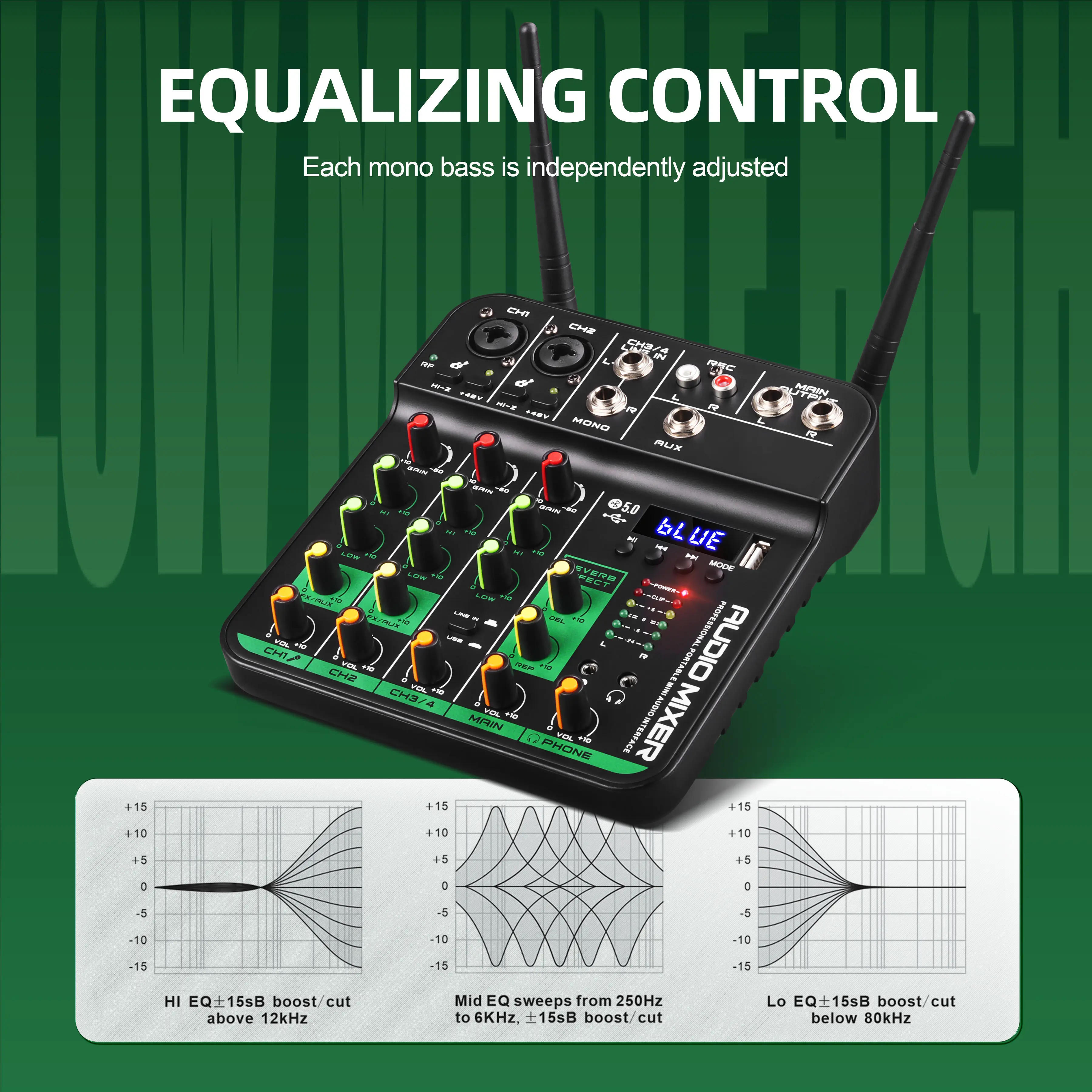 4 Channel UHF DJ Console Mixer Soundcard Audio Amplifier Karaoke Wireless Microphone Studio Mini USB Sound Mixing Console MC-20H