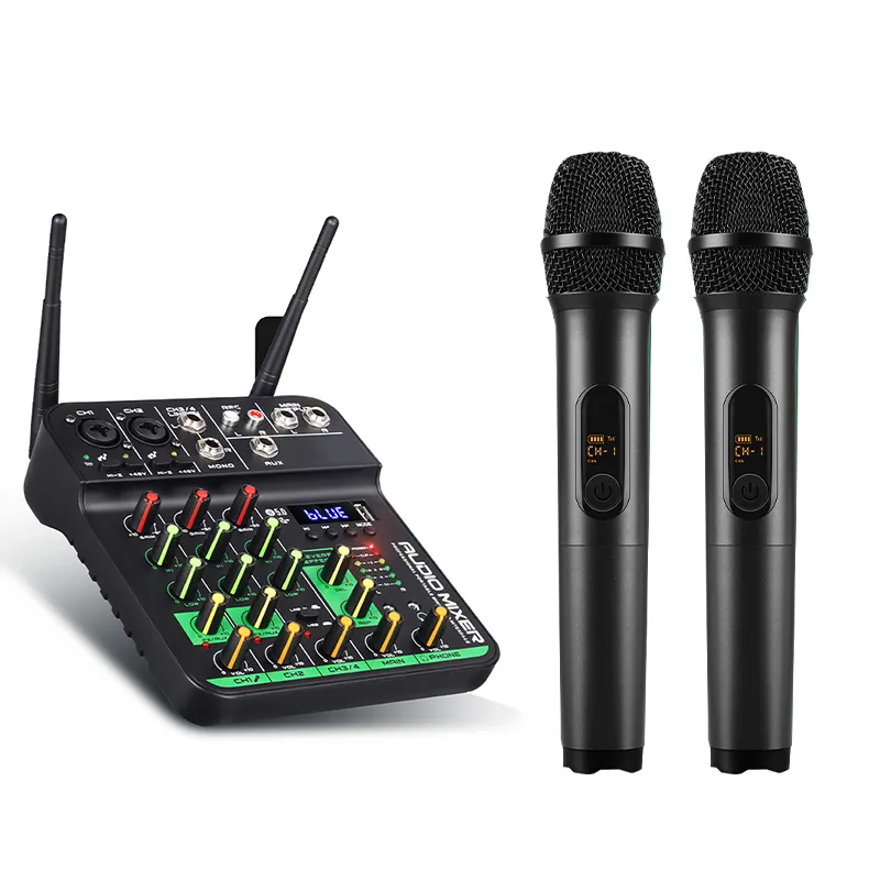 4 Channel UHF DJ Console Mixer Soundcard Audio Amplifier Karaoke Wireless Microphone Studio Mini USB Sound Mixing Console MC-20H