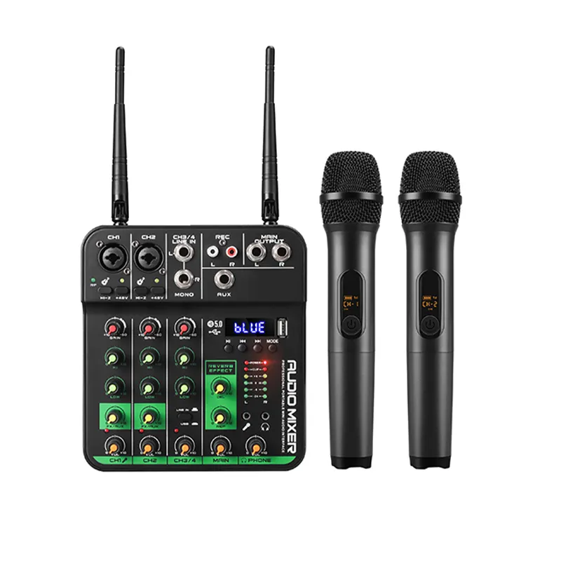 4 Channel UHF DJ Console Mixer Soundcard Audio Amplifier Karaoke Wireless Microphone Studio Mini USB Sound Mixing Console MC-20H