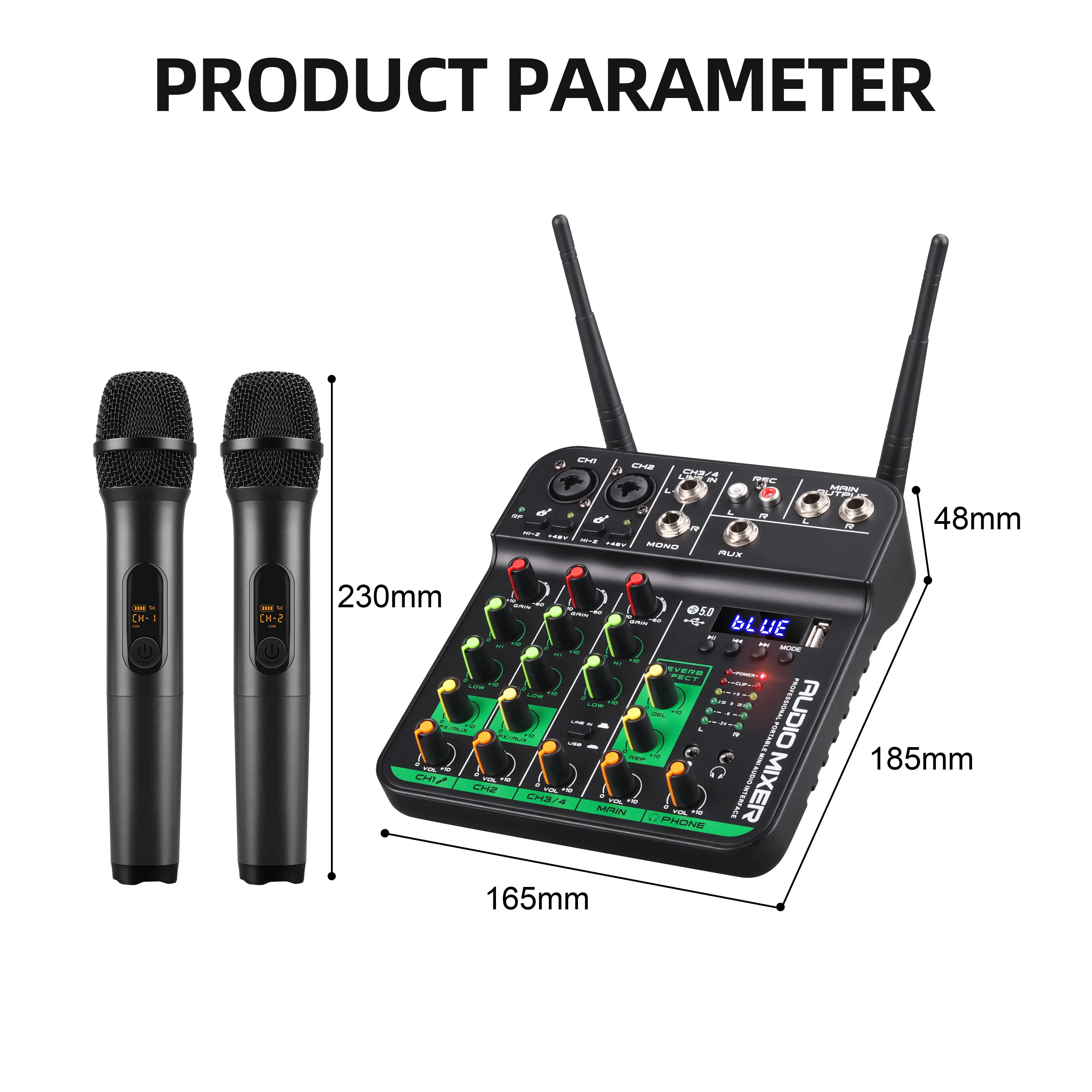 4 Channel UHF DJ Console Mixer Soundcard Audio Amplifier Karaoke Wireless Microphone Studio Mini USB Sound Mixing Console MC-20H